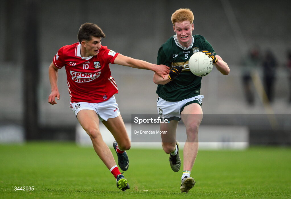 30 April 2026; Eoin O’Flaherty of Kerry in action against Ben O’Connell of Cork during the Dalata Hotel Group Munster U20 Football Championship final match between Kerry and Cork at Austin Stack Park in Tralee, Kerry. Photo by Brendan Moran/Sportsfile