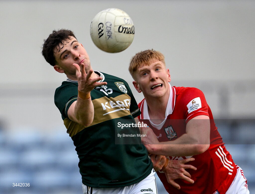 30 April 2026; Paddy Lane of Kerry holds off the challenge of Frank Hurley of Cork during the Dalata Hotel Group Munster U20 Football Championship final match between Kerry and Cork at Austin Stack Park in Tralee, Kerry. Photo by Brendan Moran/Sportsfile