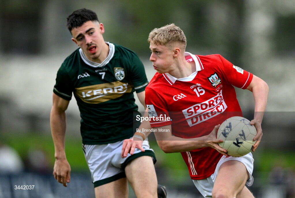 30 April 2026; Dylan O’Neill of Cork in action against Pa Walsh of Kerry during the Dalata Hotel Group Munster U20 Football Championship final match between Kerry and Cork at Austin Stack Park in Tralee, Kerry. Photo by Brendan Moran/Sportsfile