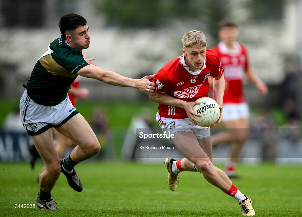 30 April 2026; Dylan O’Neill of Cork in action against Pa Walsh of Kerry during the Dalata Hotel Group Munster U20 Football Championship final match between Kerry and Cork at Austin Stack Park in Tralee, Kerry. Photo by Brendan Moran/Sportsfile