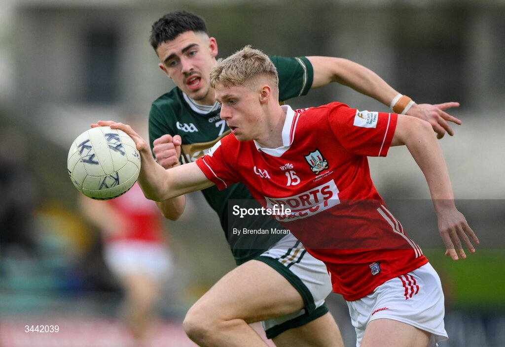 30 April 2026; Dylan O’Neill of Cork in action against Pa Walsh of Kerry during the Dalata Hotel Group Munster U20 Football Championship final match between Kerry and Cork at Austin Stack Park in Tralee, Kerry. Photo by Brendan Moran/Sportsfile
