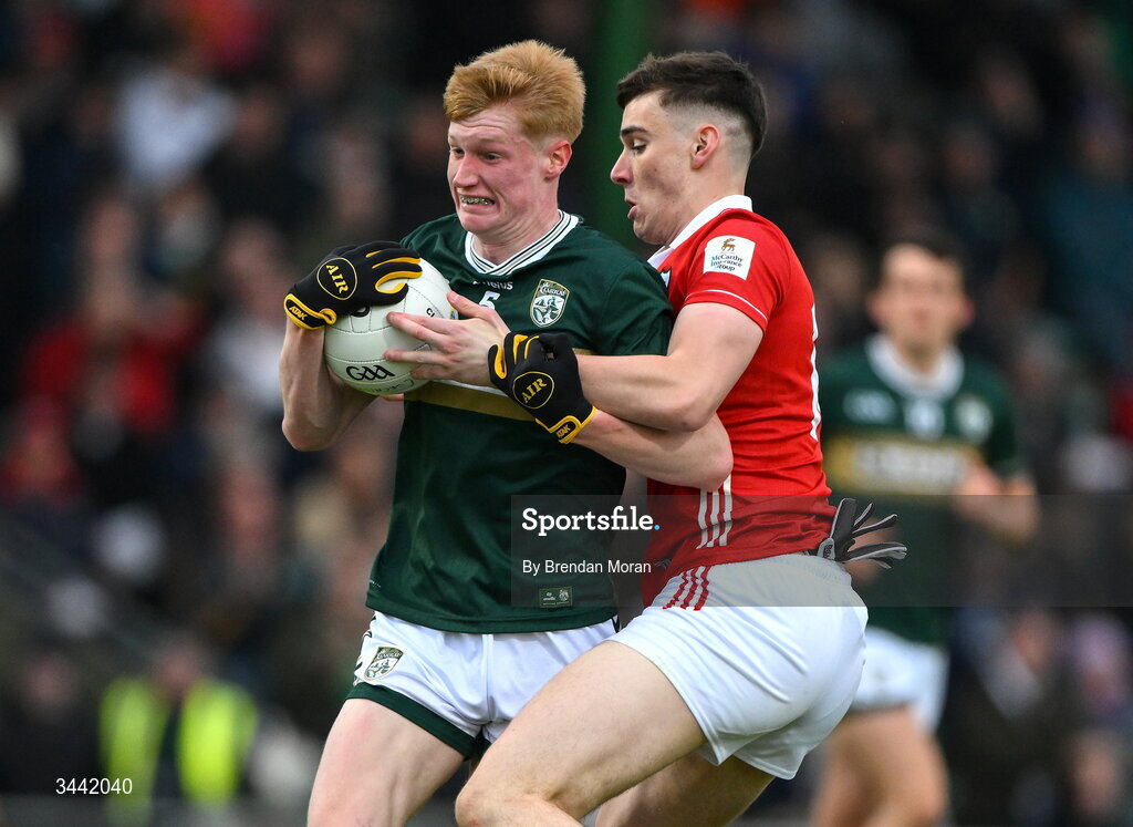 30 April 2026; Eoin O’Flaherty of Kerry is tackled by Rickey Barrett of Cork during the Dalata Hotel Group Munster U20 Football Championship final match between Kerry and Cork at Austin Stack Park in Tralee, Kerry. Photo by Brendan Moran/Sportsfile