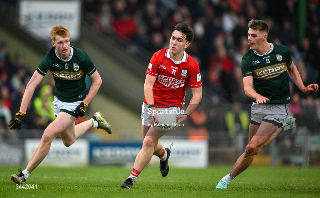 30 April 2026; Danny Miskella of Cork in action against Eoin O’Flaherty and Daniel Kirby of Kerry during the Dalata Hotel Group Munster U20 Football Championship final match between Kerry and Cork at Austin Stack Park in Tralee, Kerry. Photo by Brendan Moran/Sportsfile