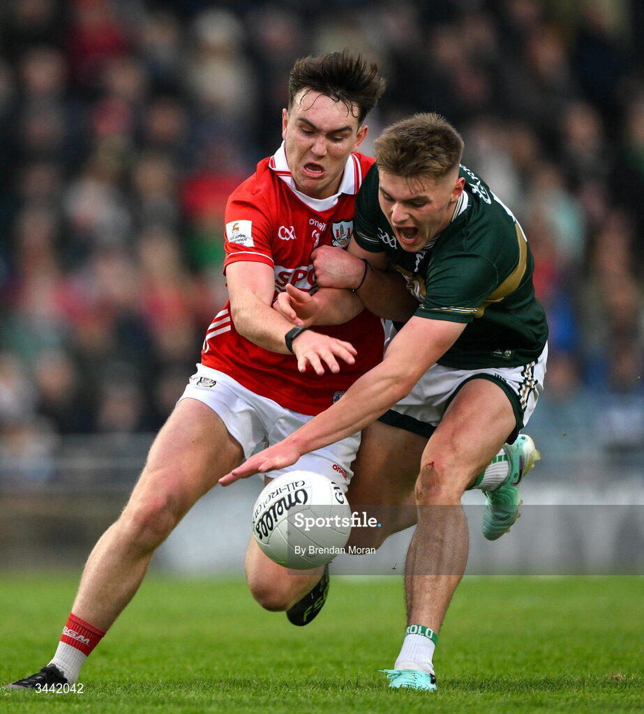 30 April 2026; Daniel Kirby of Kerry and Danny Miskella of Cork contest a loose ball during the Dalata Hotel Group Munster U20 Football Championship final match between Kerry and Cork at Austin Stack Park in Tralee, Kerry. Photo by Brendan Moran/Sportsfile