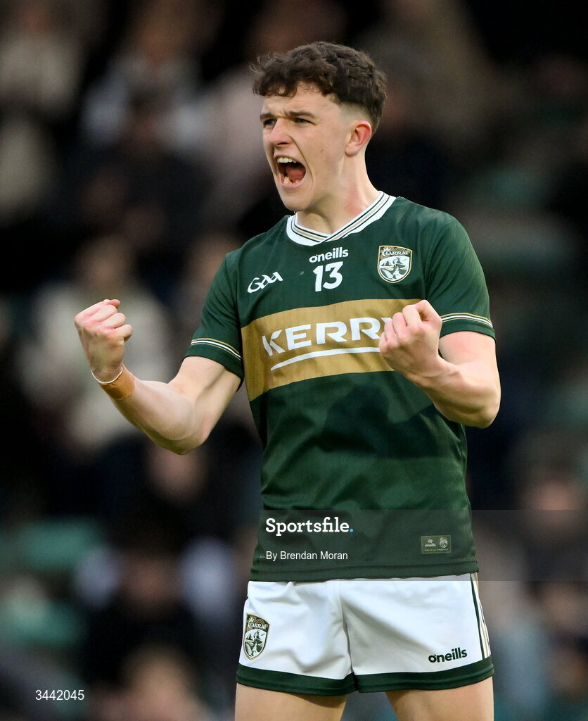30 April 2026; Gearóid White of Kerry celebrates at the final whistle of the Dalata Hotel Group Munster U20 Football Championship final match between Kerry and Cork at Austin Stack Park in Tralee, Kerry. Photo by Brendan Moran/Sportsfile