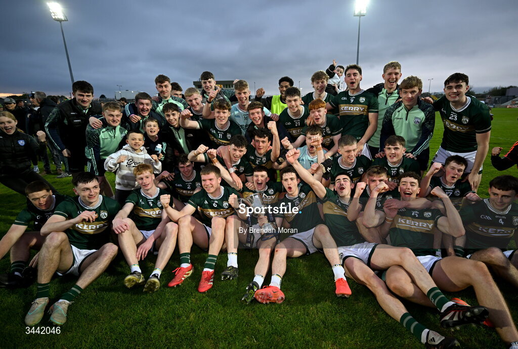 30 April 2026; The Kerry team celebrate with the cup after the Dalata Hotel Group Munster U20 Football Championship final match between Kerry and Cork at Austin Stack Park in Tralee, Kerry. Photo by Brendan Moran/Sportsfile