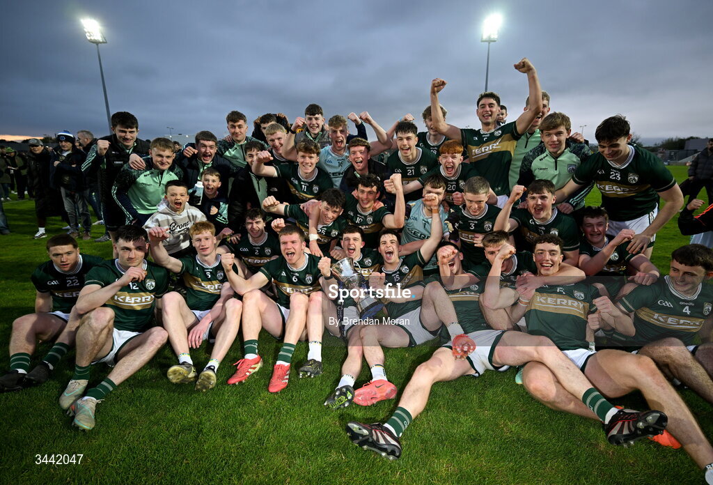 30 April 2026; The Kerry team celebrate with the cup after the Dalata Hotel Group Munster U20 Football Championship final match between Kerry and Cork at Austin Stack Park in Tralee, Kerry. Photo by Brendan Moran/Sportsfile