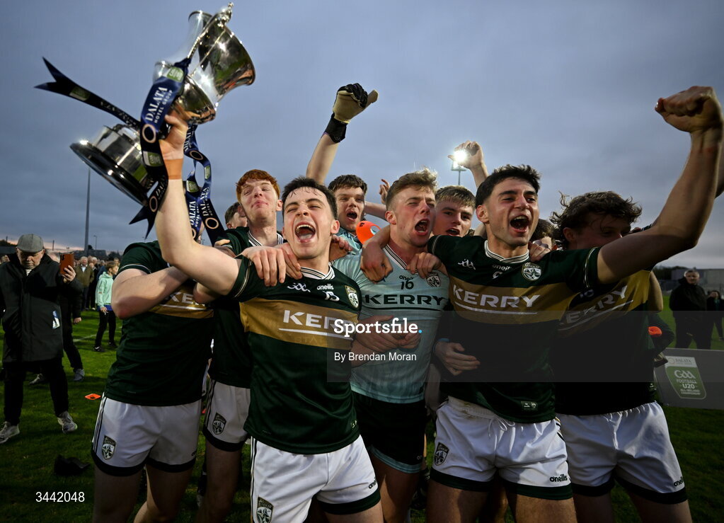 30 April 2026; Kerry captain Paddy Lane and his teammates celebrate with the cup after the Dalata Hotel Group Munster U20 Football Championship final match between Kerry and Cork at Austin Stack Park in Tralee, Kerry. Photo by Brendan Moran/Sportsfile