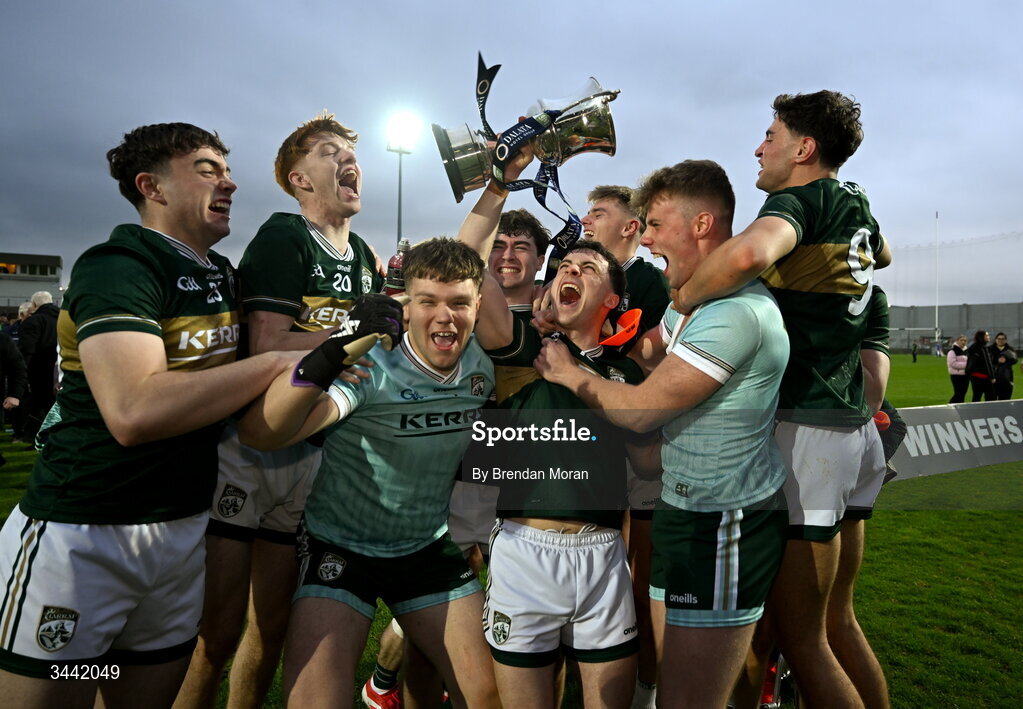 30 April 2026; Kerry captain Paddy Lane and his teammates celebrate with the cup after the Dalata Hotel Group Munster U20 Football Championship final match between Kerry and Cork at Austin Stack Park in Tralee, Kerry. Photo by Brendan Moran/Sportsfile