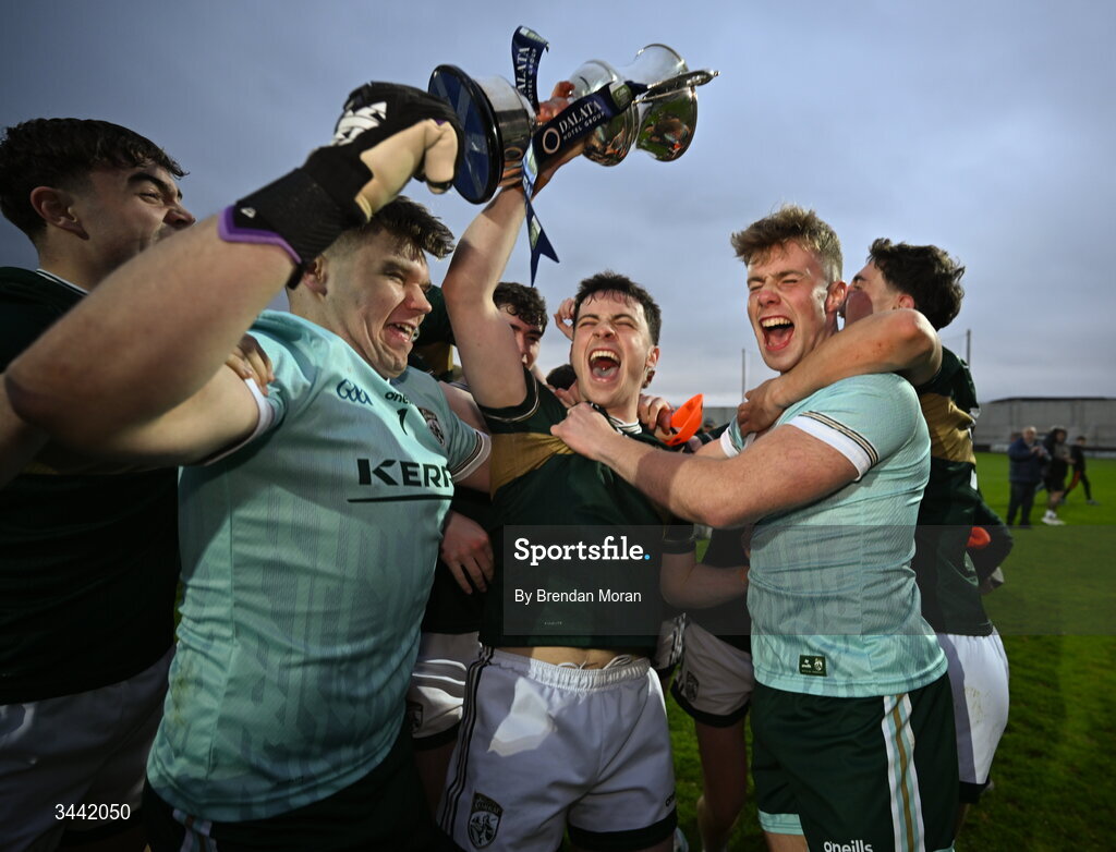 30 April 2026; Kerry captain Paddy Lane and his teammates celebrate with the cup after the Dalata Hotel Group Munster U20 Football Championship final match between Kerry and Cork at Austin Stack Park in Tralee, Kerry. Photo by Brendan Moran/Sportsfile