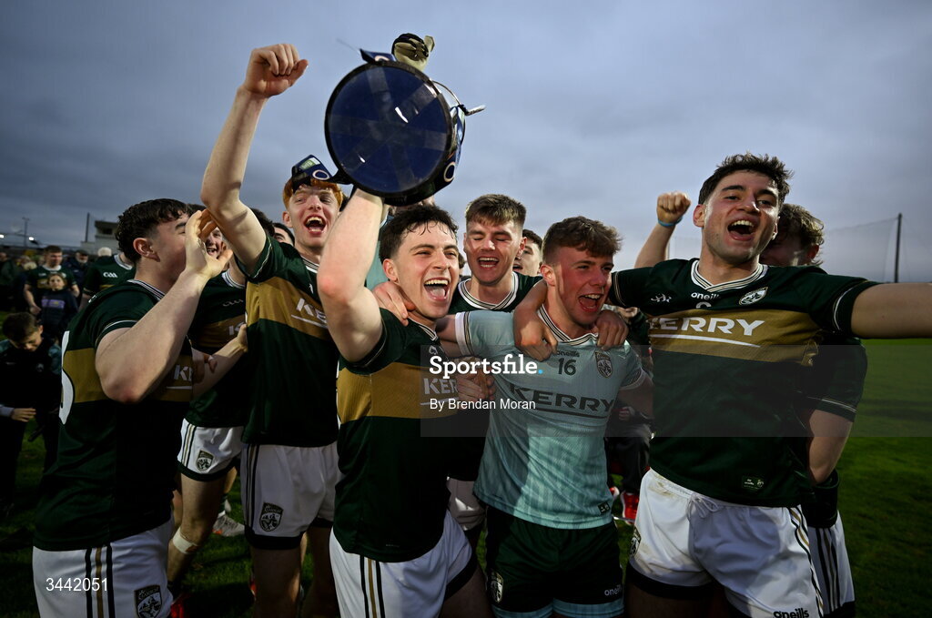 30 April 2026; Kerry captain Paddy Lane and his teammates celebrate with the cup after the Dalata Hotel Group Munster U20 Football Championship final match between Kerry and Cork at Austin Stack Park in Tralee, Kerry. Photo by Brendan Moran/Sportsfile