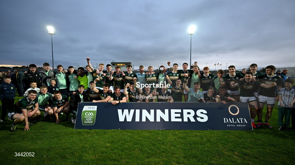 30 April 2026; The Kerry players celebrate with the cup after the Dalata Hotel Group Munster U20 Football Championship final match between Kerry and Cork at Austin Stack Park in Tralee, Kerry. Photo by Brendan Moran/Sportsfile
