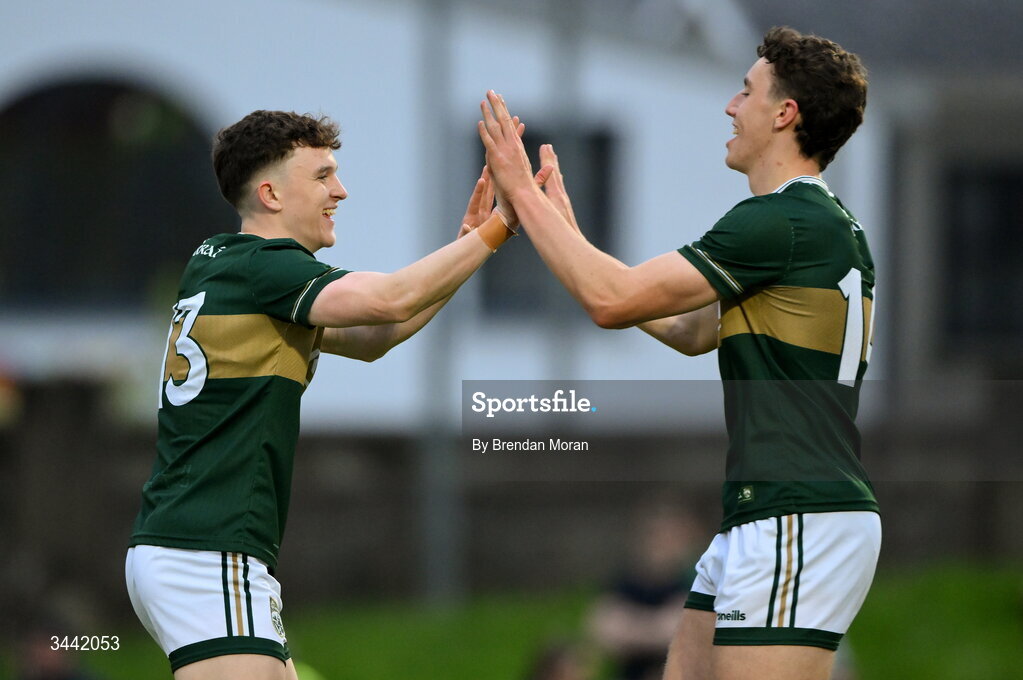 30 April 2026; Gearóid White, left, and Tomás Kennedy of Kerry celebrate at the final whistle of the Dalata Hotel Group Munster U20 Football Championship final match between Kerry and Cork at Austin Stack Park in Tralee, Kerry. Photo by Brendan Moran/Sportsfile