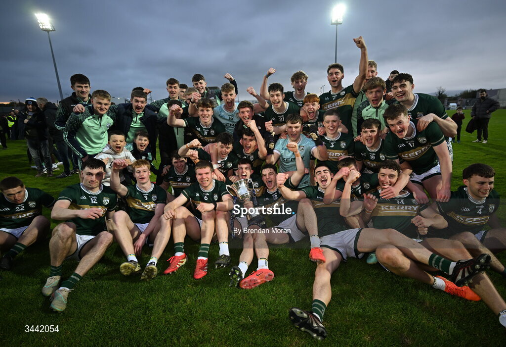30 April 2026; The Kerry team celebrate with the cup after the Dalata Hotel Group Munster U20 Football Championship final match between Kerry and Cork at Austin Stack Park in Tralee, Kerry. Photo by Brendan Moran/Sportsfile