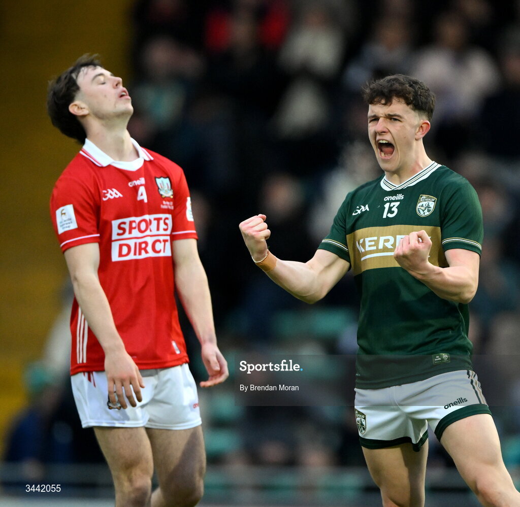 30 April 2026; Gearóid White of Kerry celebrates, alongside a dejected Harry Wixted of Cork, at the final whistle of the Dalata Hotel Group Munster U20 Football Championship final match between Kerry and Cork at Austin Stack Park in Tralee, Kerry. Photo by Brendan Moran/Sportsfile
