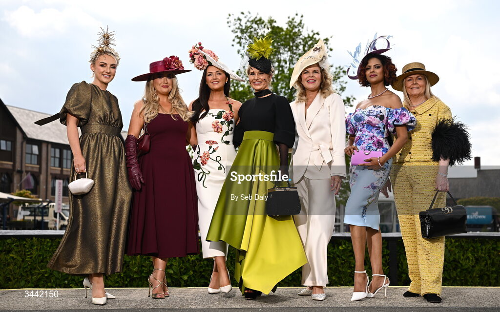 1 May 2026; Racegoers, from left, Lisa Walsh, from Meath, Kayleigh O'Donovan, from London, Jennifer Wrynne, from Mohill, Leitrim, Cara Earls, from Craughwell, Galway, Marietta Doran, Maksuda Akhter, from Malahide, Dublin, and Jacqueline O'Donovan, from Goleen, Cork, ahead of racing on day four of the Punchestown Festival at Punchestown Racecourse in Kildare. day four of the Punchestown Festival at Punchestown Racecourse in Kildare. Photo by Seb Daly/Sportsfile