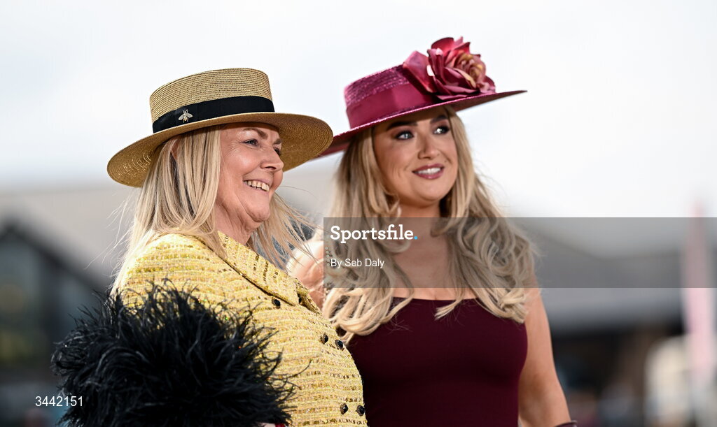 1 May 2026; Racegoers Jacqueline and Kayleigh O'Donovan ahead of racing on day four of the Punchestown Festival at Punchestown Racecourse in Kildare. Photo by Seb Daly/Sportsfile