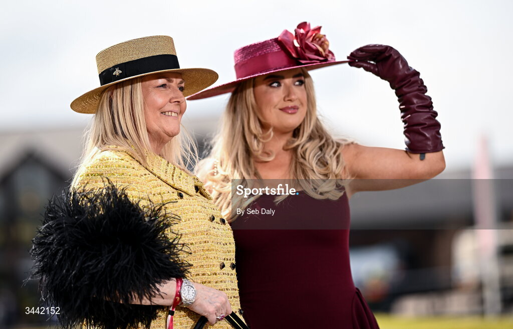 1 May 2026; Racegoers Jacqueline and Kayleigh O'Donovan ahead of racing on day four of the Punchestown Festival at Punchestown Racecourse in Kildare. Photo by Seb Daly/Sportsfile