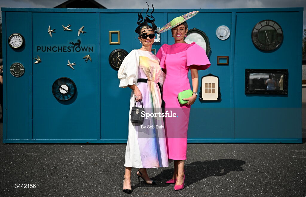 1 May 2026; Racegoers Áine Malone, from Edenderry, Offaly, left, and Ann-Marie Dunning, from Newbridge, Meath, ahead of racing on day four of the Punchestown Festival at Punchestown Racecourse in Kildare. Photo by Seb Daly/Sportsfile