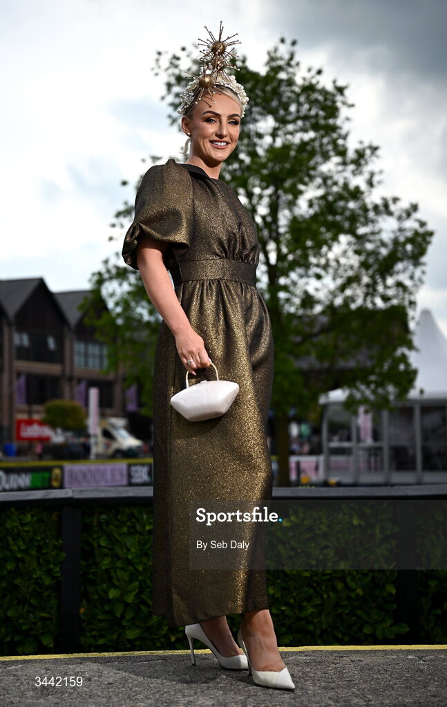 1 May 2026; Racegoer Lisa Walsh, from Meath, poses for a postrait ahead of racing on day four of the Punchestown Festival at Punchestown Racecourse in Kildare. Photo by Seb Daly/Sportsfile