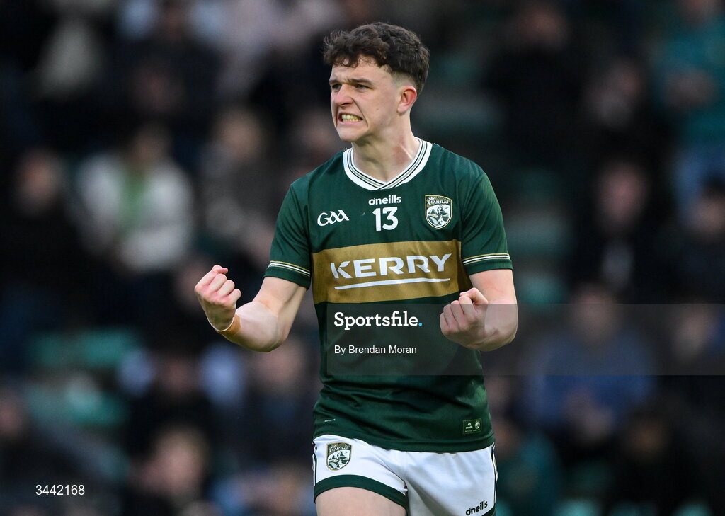30 April 2026; Gearóid White of Kerry celebrates at the final whistle of the Dalata Hotel Group Munster U20 Football Championship final match between Kerry and Cork at Austin Stack Park in Tralee, Kerry. Photo by Brendan Moran/Sportsfile