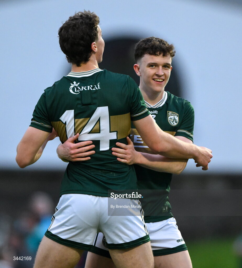 30 April 2026; Tomás Kennedy, left, and Gearóid White of Kerry celebrate at the final whistle of the Dalata Hotel Group Munster U20 Football Championship final match between Kerry and Cork at Austin Stack Park in Tralee, Kerry. Photo by Brendan Moran/Sportsfile