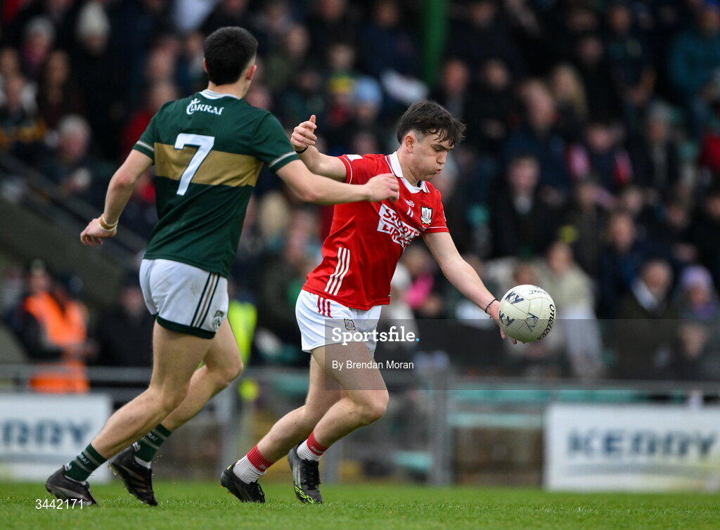 30 April 2026; Danny Miskella of Cork in action against Pa Walsh of Kerry during the Dalata Hotel Group Munster U20 Football Championship final match between Kerry and Cork at Austin Stack Park in Tralee, Kerry. Photo by Brendan Moran/Sportsfile