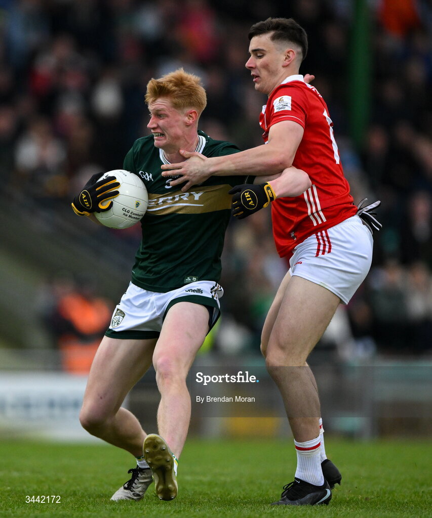 30 April 2026; Eoin O’Flaherty of Kerry is tackled by Rickey Barrett of Cork during the Dalata Hotel Group Munster U20 Football Championship final match between Kerry and Cork at Austin Stack Park in Tralee, Kerry. Photo by Brendan Moran/Sportsfile