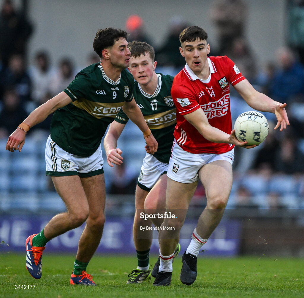 30 April 2026; Rickey Barrett of Cork is tackled by Evan Boyle of Kerry during the Dalata Hotel Group Munster U20 Football Championship final match between Kerry and Cork at Austin Stack Park in Tralee, Kerry. Photo by Brendan Moran/Sportsfile