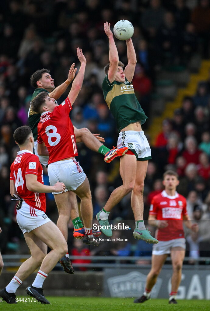 30 April 2026; Daniel Kirby of Kerry catches a kickout ahead of teammate Evan Boyle and Rickey Barrett and Darragh Clifford of Cork during the Dalata Hotel Group Munster U20 Football Championship final match between Kerry and Cork at Austin Stack Park in Tralee, Kerry. Photo by Brendan Moran/Sportsfile
