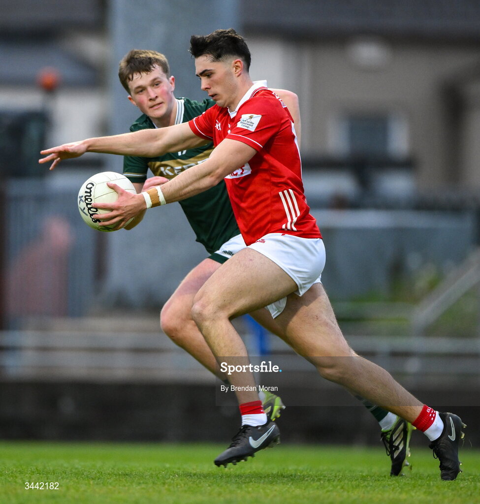 30 April 2026; Seán Coakley of Cork in action against Dara Stack of Kerry during the Dalata Hotel Group Munster U20 Football Championship final match between Kerry and Cork at Austin Stack Park in Tralee, Kerry. Photo by Brendan Moran/Sportsfile