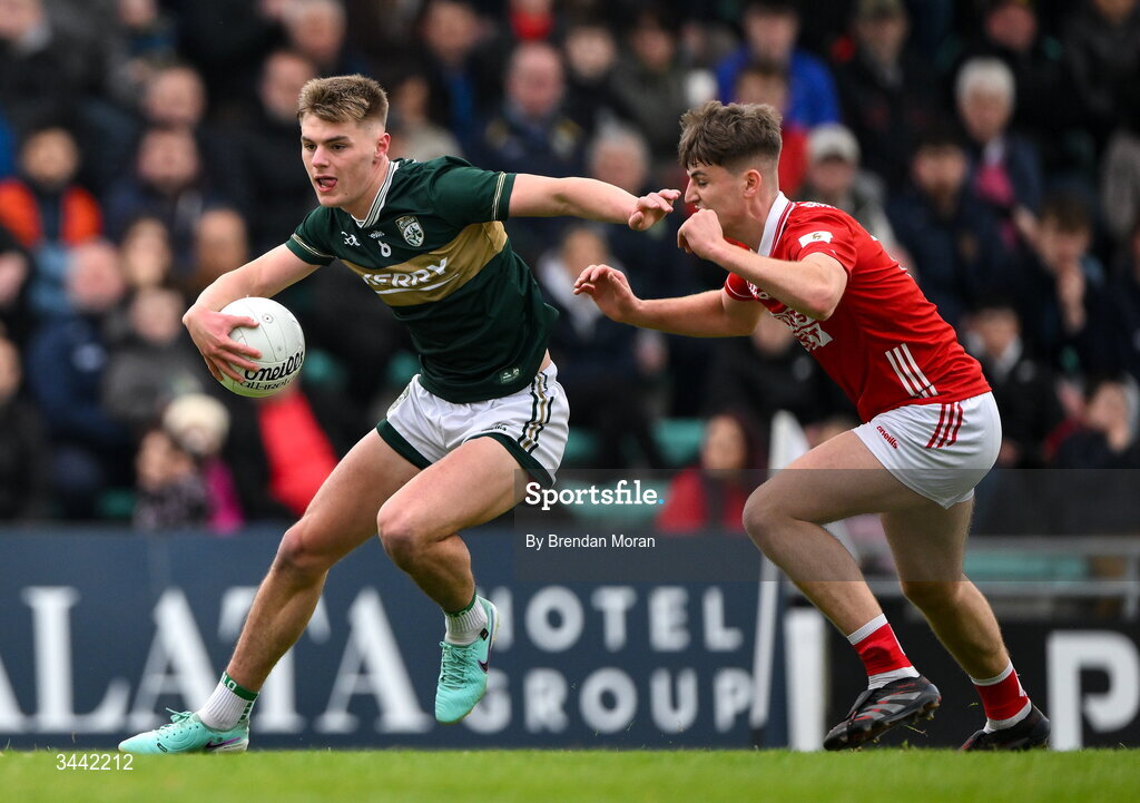 30 April 2026; Daniel Kirby of Kerry is tackled by Darragh Clifford of Cork during the Dalata Hotel Group Munster U20 Football Championship final match between Kerry and Cork at Austin Stack Park in Tralee, Kerry. Photo by Brendan Moran/Sportsfile