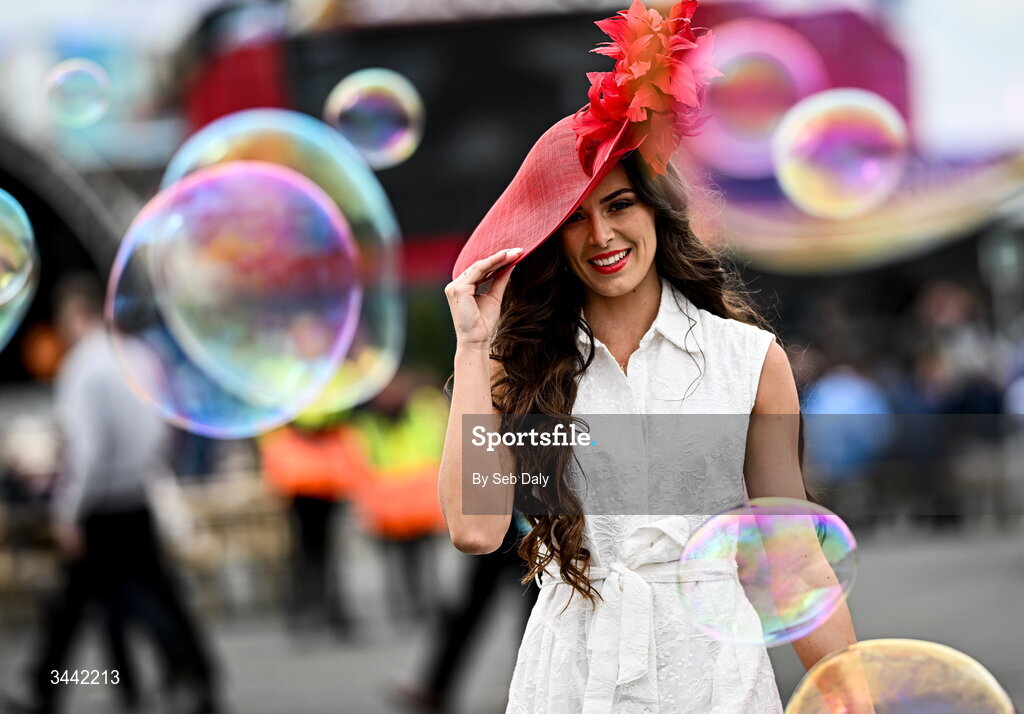 1 May 2026; Racegoer Niobh Ginty, from Kildare, poses for a portrait ahead of racing on day four of the Punchestown Festival at Punchestown Racecourse in Kildare. Photo by Seb Daly/Sportsfile