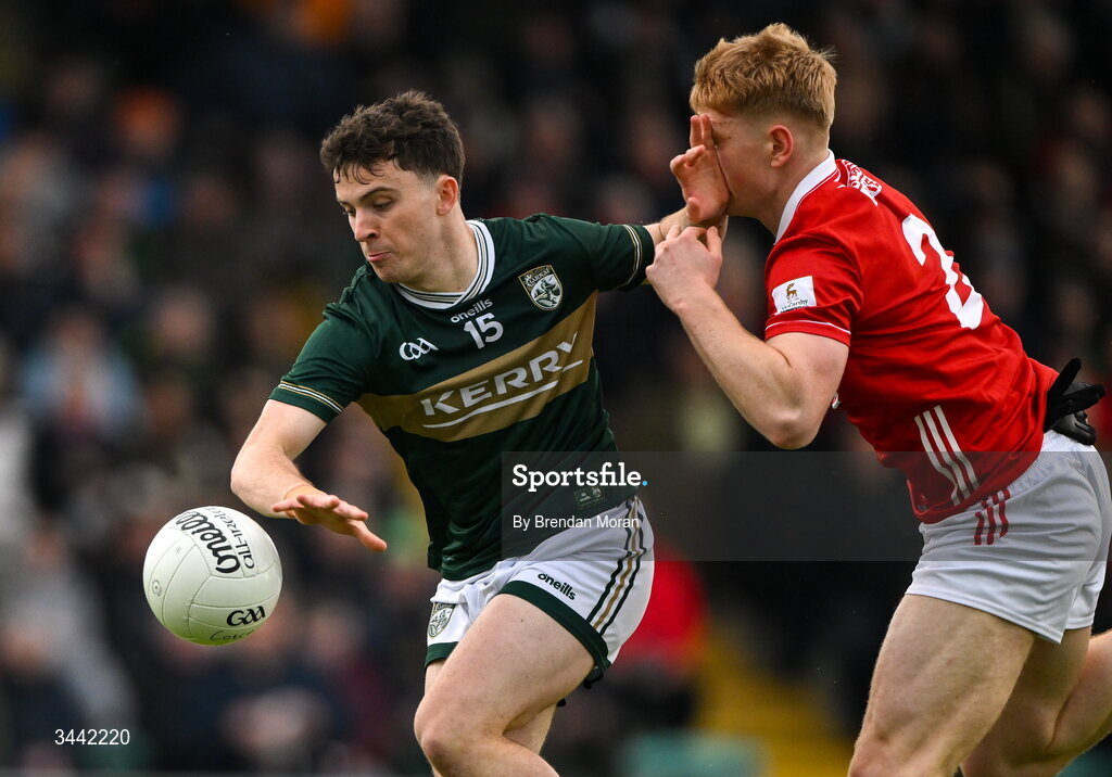 30 April 2026; Paddy Lane of Kerry holds off the challenge of Frank Hurley of Cork during the Dalata Hotel Group Munster U20 Football Championship final match between Kerry and Cork at Austin Stack Park in Tralee, Kerry. Photo by Brendan Moran/Sportsfile