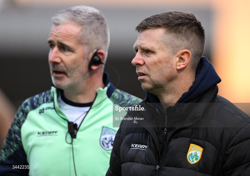 30 April 2026; Kerry manager Tomás Ó Sé, right, and selector Mark Fitzgerald during the Dalata Hotel Group Munster U20 Football Championship final match between Kerry and Cork at Austin Stack Park in Tralee, Kerry. Photo by Brendan Moran/Sportsfile