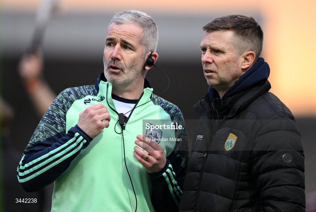 30 April 2026; Kerry manager Tomás Ó Sé, right, and selector Mark Fitzgerald during the Dalata Hotel Group Munster U20 Football Championship final match between Kerry and Cork at Austin Stack Park in Tralee, Kerry. Photo by Brendan Moran/Sportsfile