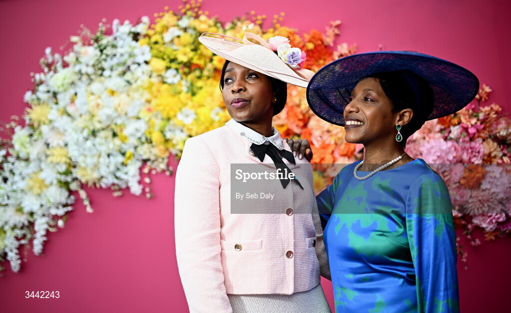 1 May 2026; Racegoers Emmy Buyoya, from Lucan, Dublin, left, and Glendah Mahlalela, from Naas, Kildare, ahead of racing on day four of the Punchestown Festival at Punchestown Racecourse in Kildare. Photo by Seb Daly/Sportsfile