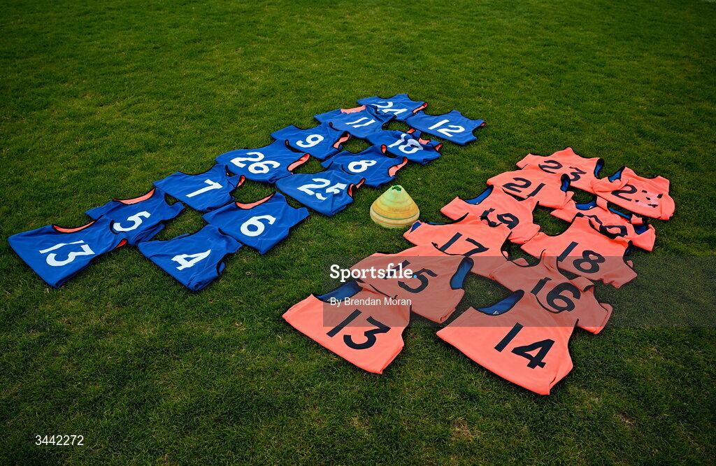 30 April 2026; A general view of training bibs on the pitch before the Dalata Hotel Group Munster U20 Football Championship final match between Kerry and Cork at Austin Stack Park in Tralee, Kerry. Photo by Brendan Moran/Sportsfile