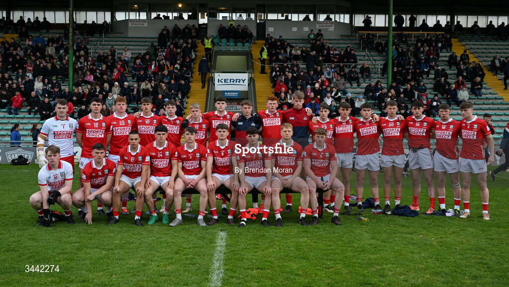 30 April 2026; The Cork team before the Dalata Hotel Group Munster U20 Football Championship final match between Kerry and Cork at Austin Stack Park in Tralee, Kerry. Photo by Brendan Moran/Sportsfile
