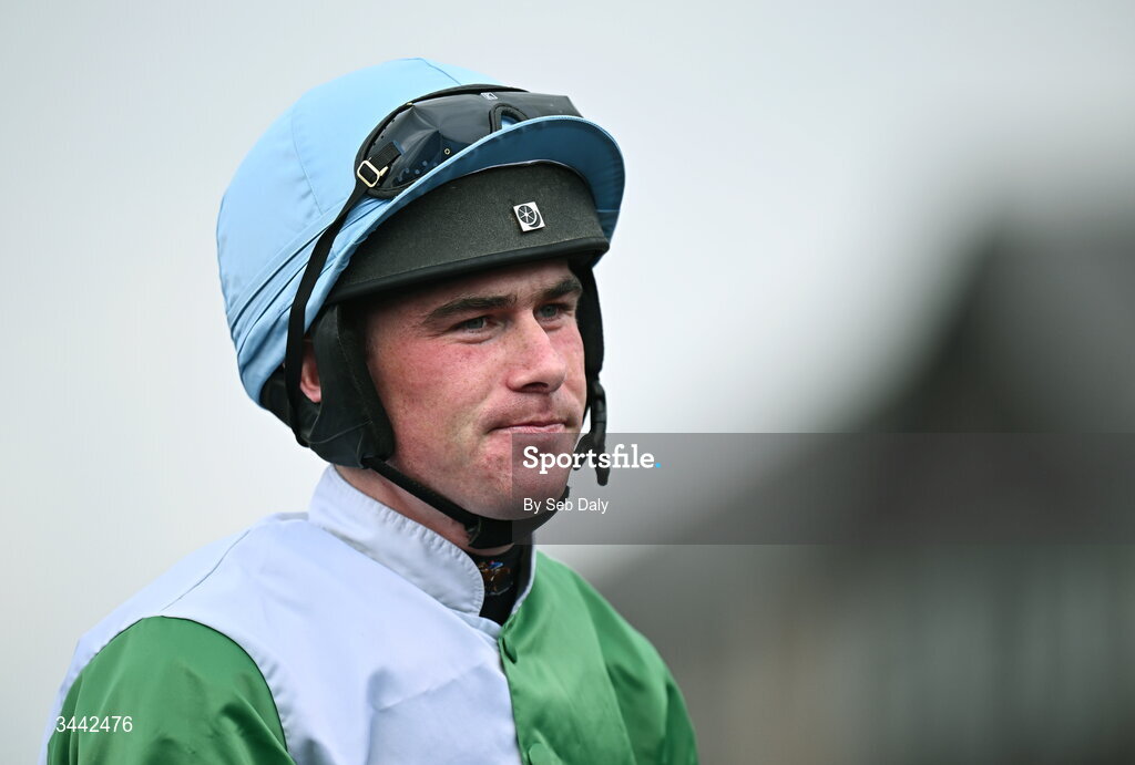 1 May 2026; Jockey Jamie Scallan celebrates after winning the Stanley Asphalt Hunters Chase for the Bishopscourt Cup on Jetbob on day four of the Punchestown Festival at Punchestown Racecourse in Kildare. Photo by Seb Daly/Sportsfile