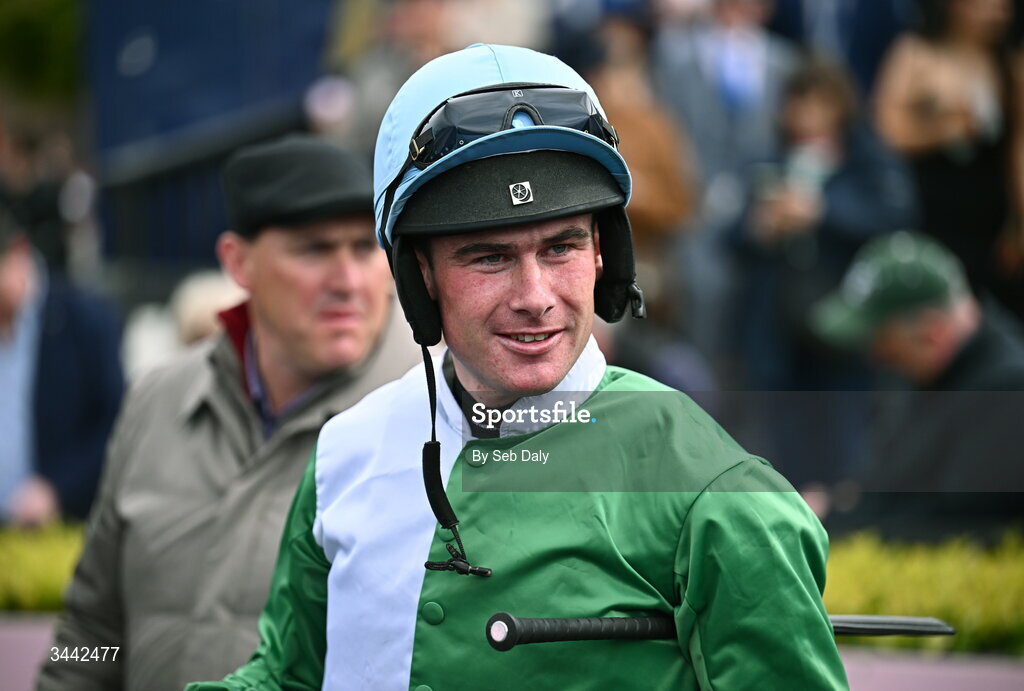 1 May 2026; Jockey Jamie Scallan celebrates after winning the Stanley Asphalt Hunters Chase for the Bishopscourt Cup on Jetbob on day four of the Punchestown Festival at Punchestown Racecourse in Kildare. Photo by Seb Daly/Sportsfile