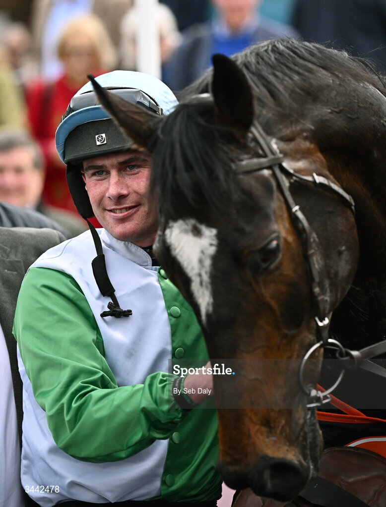 1 May 2026; Jockey Jamie Scallan celebrates with Jetbob after winning the Stanley Asphalt Hunters Chase for the Bishopscourt Cup on day four of the Punchestown Festival at Punchestown Racecourse in Kildare. Photo by Seb Daly/Sportsfile