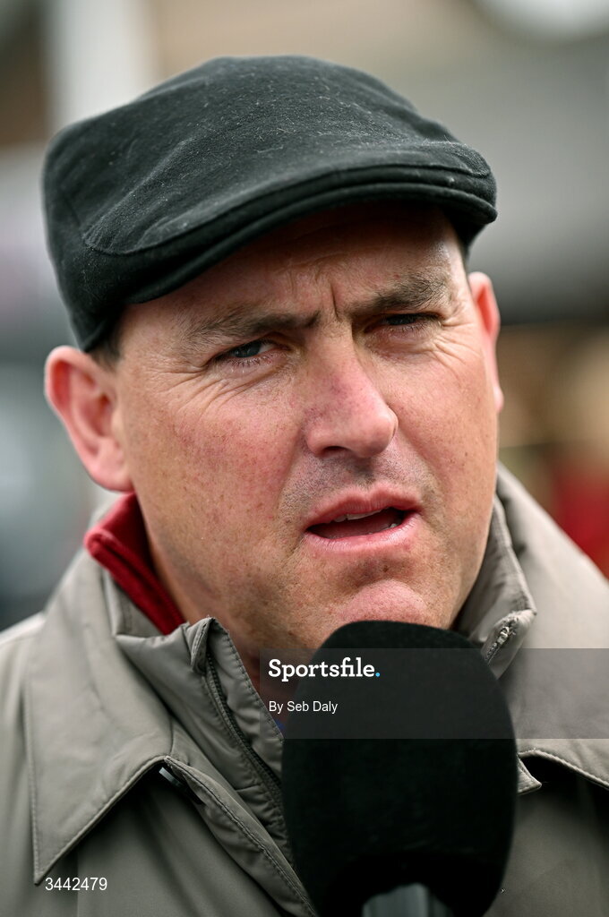 1 May 2026; Trainer Sean Doyle is interviewed after sending out Jetbob to win the Stanley Asphalt Hunters Chase for the Bishopscourt Cup on day four of the Punchestown Festival at Punchestown Racecourse in Kildare. Photo by Seb Daly/Sportsfile