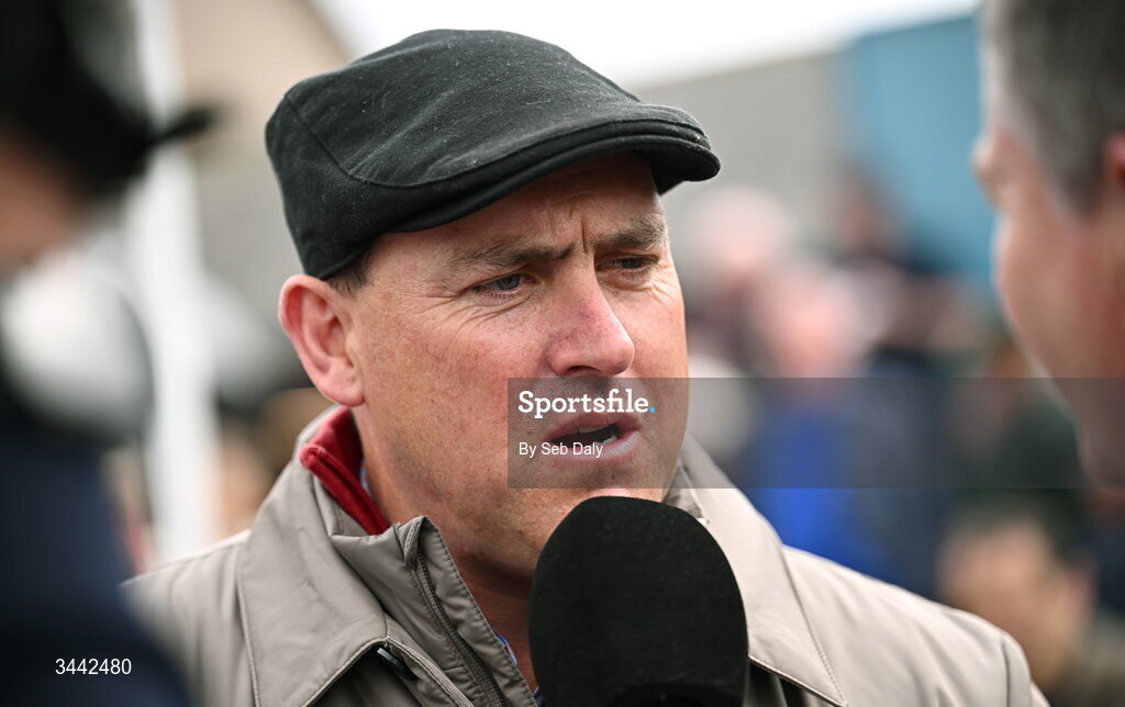 1 May 2026; Trainer Sean Doyle is interviewed after sending out Jetbob to win the Stanley Asphalt Hunters Chase for the Bishopscourt Cup on day four of the Punchestown Festival at Punchestown Racecourse in Kildare. Photo by Seb Daly/Sportsfile