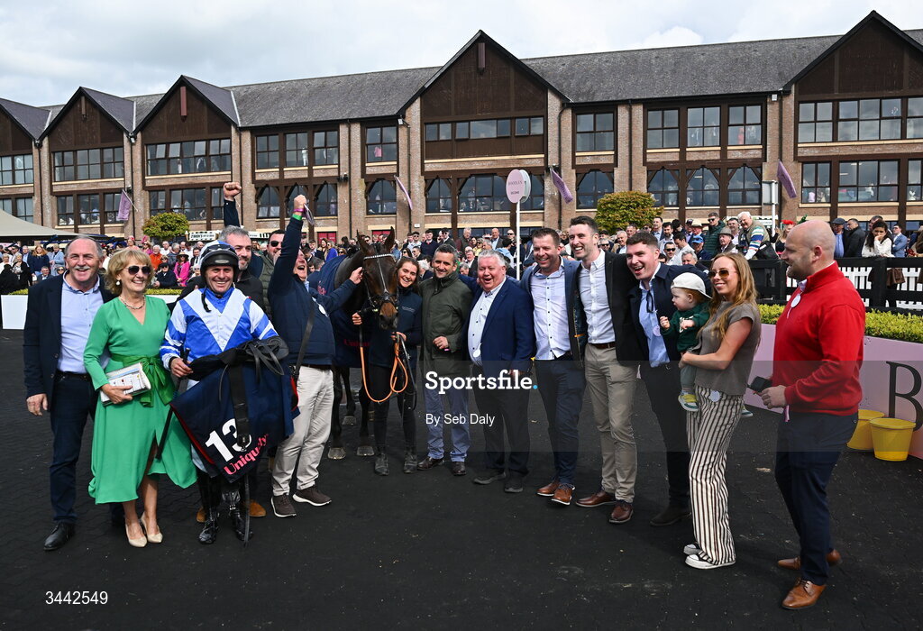 1 May 2026; Winning connections with jockey Rob James and Wonderwall after winning the Uniquely Champion Hunters Chase on day four of the Punchestown Festival at Punchestown Racecourse in Kildare. Photo by Seb Daly/Sportsfile