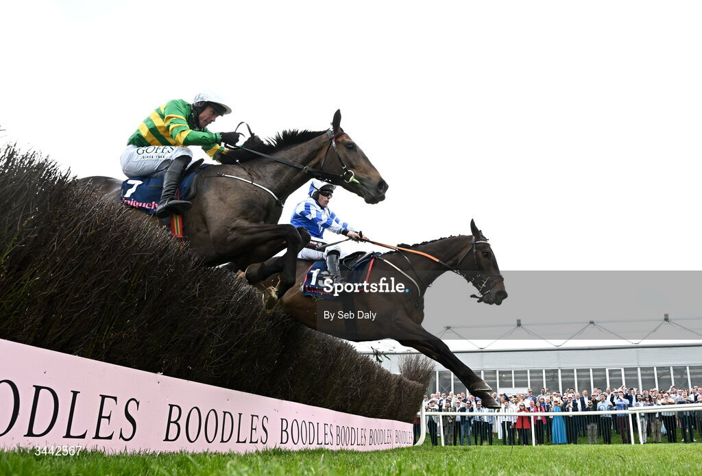 1 May 2026; Wonderwall, with Rob James up, right, jump the last alongside Its On The Line, with Derek O'Connor up, who finished second, on their way to winning the Uniquely Champion Hunters Chase on day four of the Punchestown Festival at Punchestown Racecourse in Kildare. Photo by Seb Daly/Sportsfile
