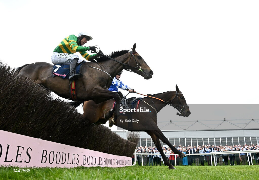 1 May 2026; Wonderwall, with Rob James up, right, jump the last alongside Its On The Line, with Derek O'Connor up, who finished second, on their way to winning the Uniquely Champion Hunters Chase on day four of the Punchestown Festival at Punchestown Racecourse in Kildare. Photo by Seb Daly/Sportsfile