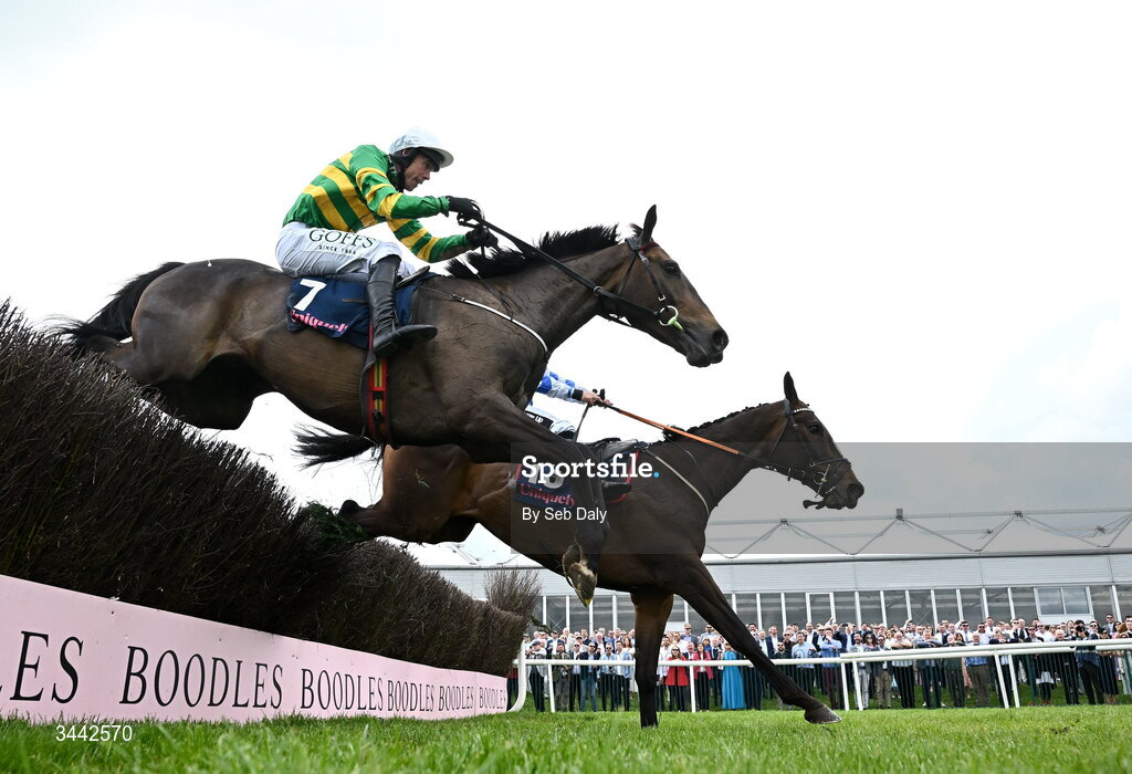 1 May 2026; Wonderwall, with Rob James up, right, jump the last alongside Its On The Line, with Derek O'Connor up, who finished second, on their way to winning the Uniquely Champion Hunters Chase on day four of the Punchestown Festival at Punchestown Racecourse in Kildare. Photo by Seb Daly/Sportsfile