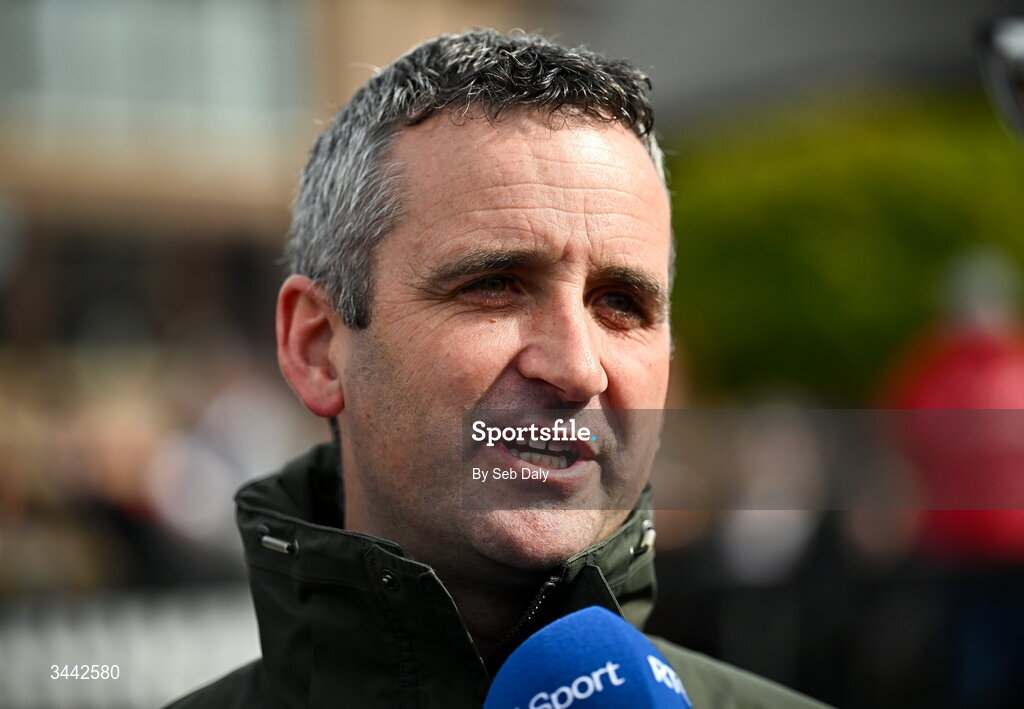 1 May 2026; Trainer Sam Curling is interviewed after sending out Wonderwall to win the Uniquely Champion Hunters Chase on day four of the Punchestown Festival at Punchestown Racecourse in Kildare. Photo by Seb Daly/Sportsfile