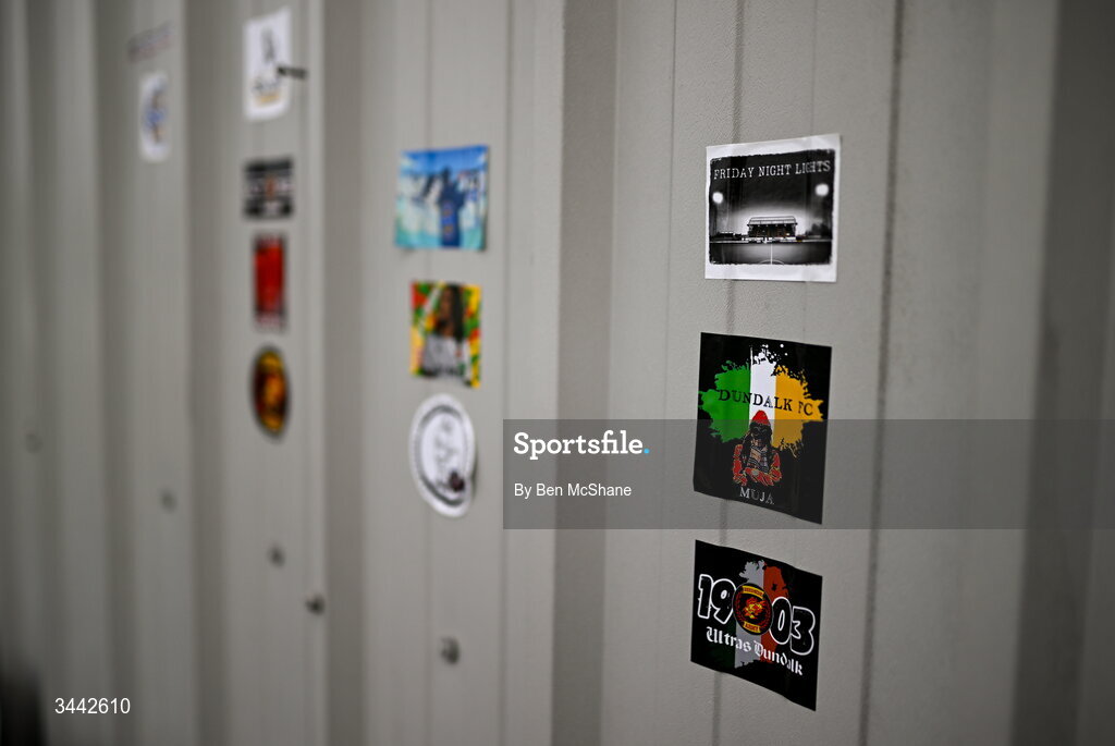 1 May 2026; Dundalk Ultra stickers are seen on the Youth Development Centre before the SSE Airtricity Men's Premier Division match between Dundalk and Shelbourne at Oriel Park in Dundalk, Louth. Photo by Ben McShane/Sportsfile